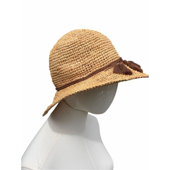 J.Crew Raffia Straw Sun Hat Tan S/M Wide Brim Tassel Trim Beach Boho Resort main image 4